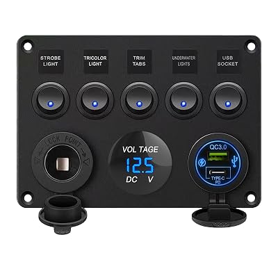 5 Gang Rocker Switch Panel with PD Type-C, USB Charger, Digital Voltmeter & 12V Outlet for Car, Boat, Truck, Trailer