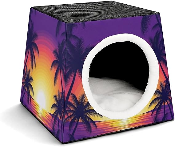 Cat Cave Bed for Kittens Warm Cave Sleeping Nest Bed Soft Cats House Tent Beds (Hawaiian Palm Tree Ocean Theme (2))