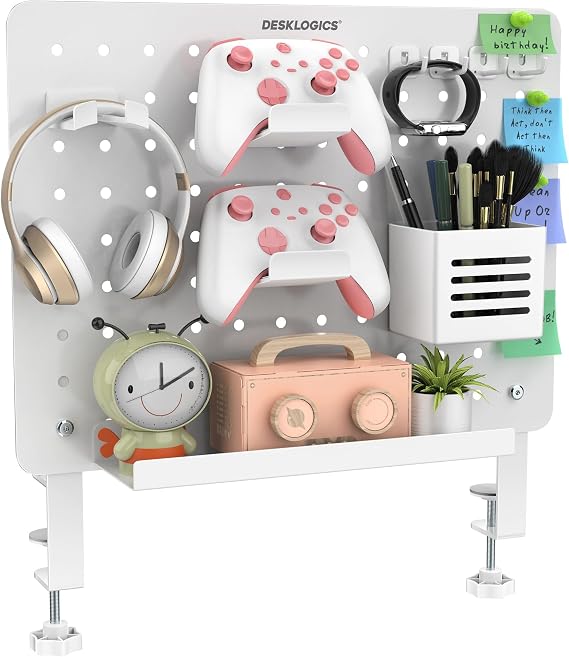 Clamp-on Desk Pegboard Steel No Drill Desktop Organizer Panel with Gaming Controller Holder, Headphone Hook, and Storage Shelf Vertical Mount for Office and Home Setup(White