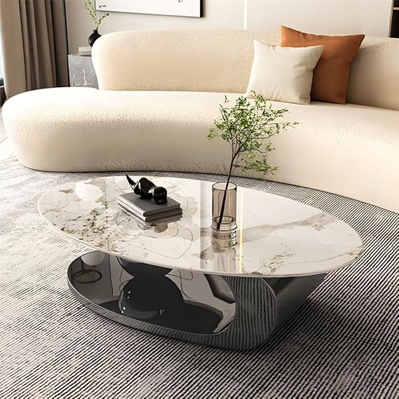Oval Coffee Table, Modern Minimalist Shape Slate Tabletop with Stainless Steel Base for Living Room Balcony Lounge -Black 55" L x 27.5" W x 16" H