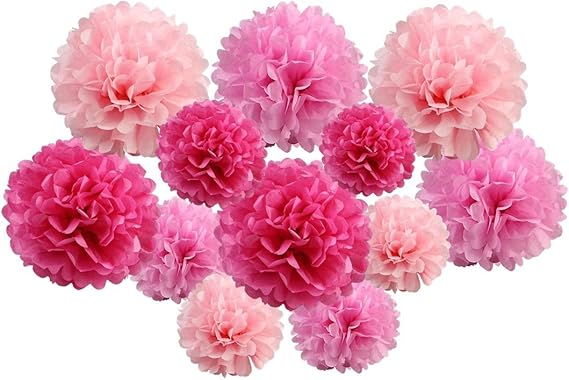 pack of 12 Pack Mixed Tissue Paper Pompom Pom Pom Hanging Garland Wedding Party Decorations (Pink Shade, mix 8" &amp; 10" (20 cm &amp; 25 cm))