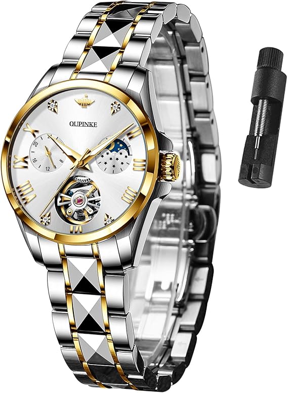 OUPINKE Womens Watches Automatic Luxury Rose Gold Watches Mechanical Moon Phase Tungsten Steel Crystal Skeleton Waterproof Luminous Women Watch...