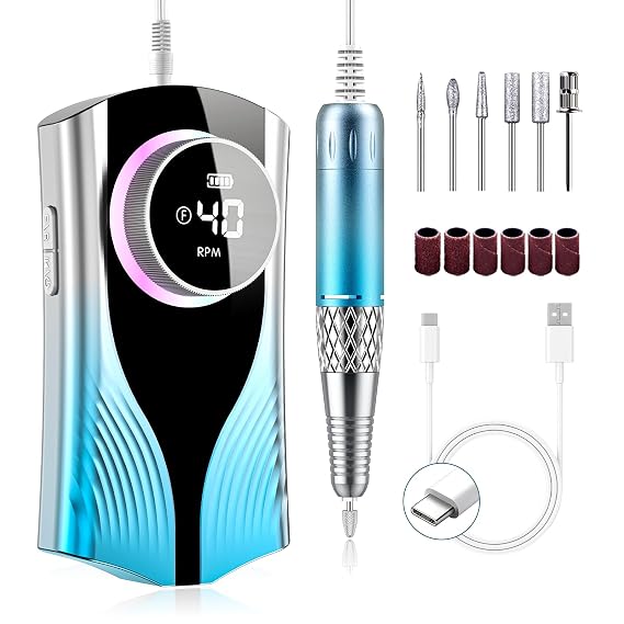 Electric Nail Drill Machine Professional, Cordless Rechargeable Nail Drill Kit Low Heat Quiet E-File for Acrylic Gel Polishing Removing with Bits Kit for Manicure Salon Home (Blue)