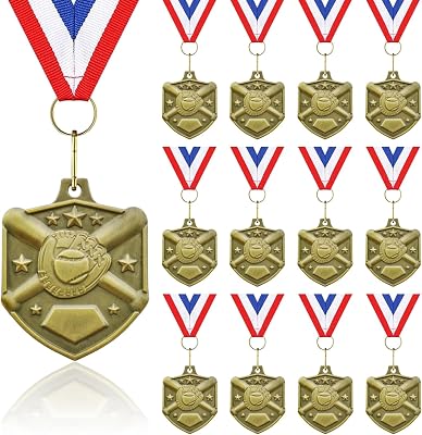 Donrime Baseball Softball Medals for Awards, 12 Pack Golden Metal Medal Awards Baseball Team, T-Ball, Softball, Baseball Game Sports Day Favors Prizes for Kids Children Adults