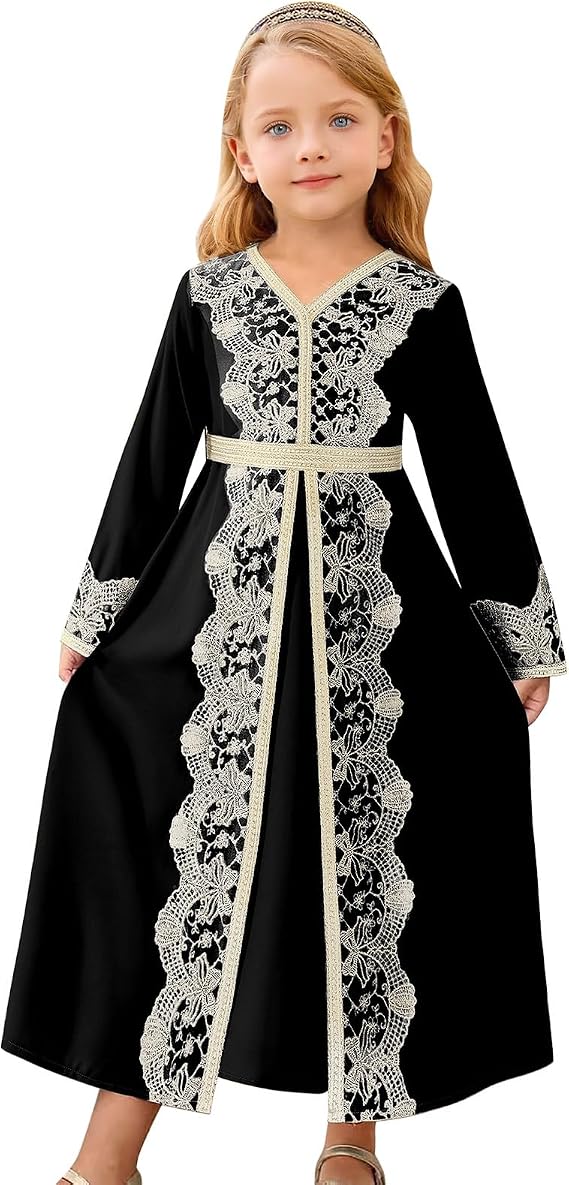 IDOPIP Muslim Dress for Girls Islamic Prayer Abaya Embroidery Long Sleeve Kaftan Robe Dresses with Belt Ramadan Dubai Outfits