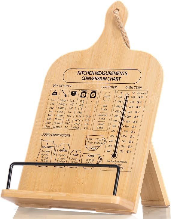 Bamboo Cookbook Stand, Sturdy Recipe Book Holder | CookBook Holder with Measurement Conversion Chart,Cookbook Stand for Kitchen Counters,Accessories for Holding Cookbooks