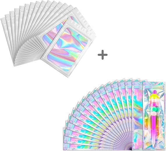 Funfery 100 pcs Holographic Mylar Packaging Bags,Clear Sealing Resealable Smell Proof Bags Foil Pouch Zipper Bags for Food Storage,Lipgloss,Jewelry,Eyelash Packaging for Small Business
