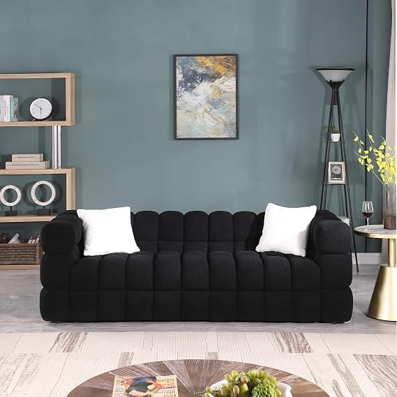 Sofa Cloud Couch, 84.25" Boucle Deep Seat Sofa Upholstered 3 Seater Marshmallow Sofa with 2 Pillows for Living Room, Apartment, Office, Black