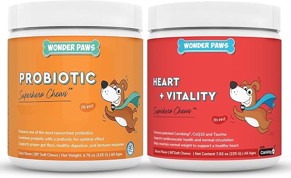 WONDER PAWS Probiotic Superhero Chews Plus Heart + Vitality Chews - for Dogs Gut Health, Digestion, Immune Support, Heart Health & Circulation - Probiotic 90 Chews - Heart + Vitality 90 Chews