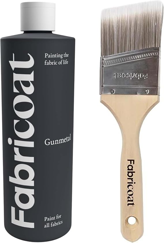 Fabricoat - Fabric Paint for Furniture 500ml (Gunmetal) + Angled Paint Brush | Firm Bristled Brush with Wooden Handle | Restore or Change the Color of Couches, Chairs, Upholstery
