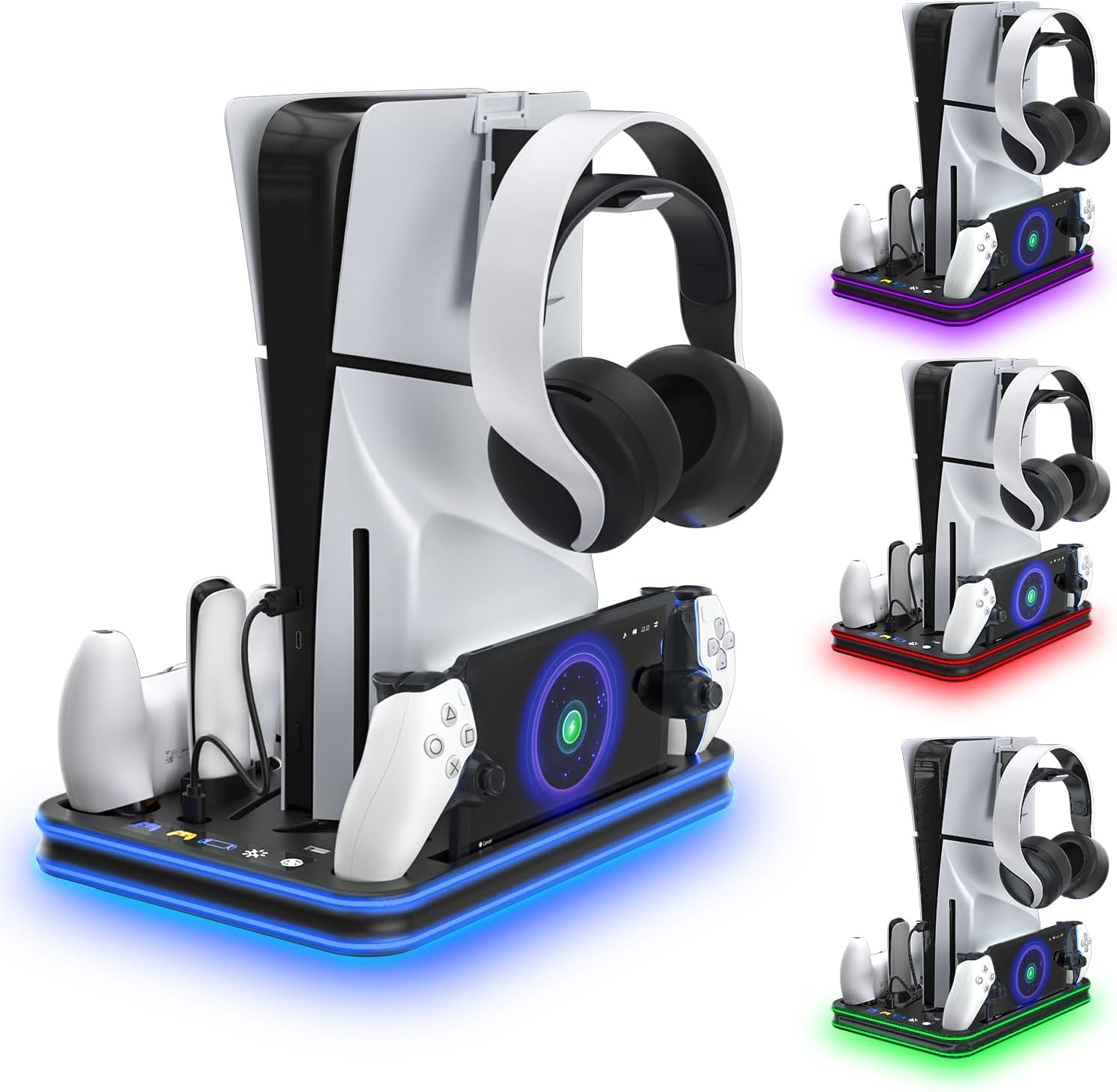 Charger Dock compatible with PS Portal, Playstation 5 Stand and Cooling Station with RGB LED Charging Dock, PS5 Edge Controller and Headset and Remote Holders - black