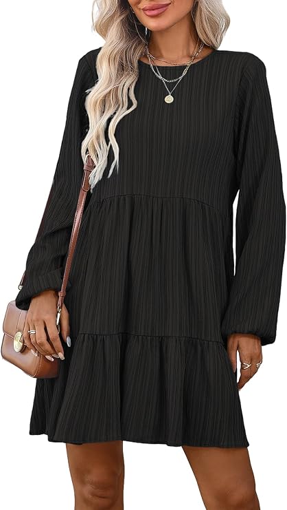 HELYO Women's Casual Dress Long Sleeve Crew Neck Tunic Fashion Cute Loose Ruffle Tiered Dresses 216