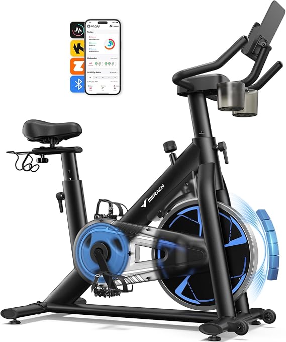 Merach Magnetic Exercise Bike, Low Noise Stationary Bike for Home with Comfortable Seat Cushion, Spinning Bike with 330 lb Weight Capacity, Exclusive App, Tablet Mount and Fitness Courses