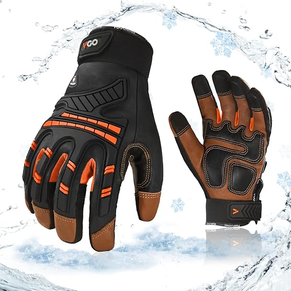 Vgo... -4F or above Winter Waterproof High Dexterity Heavy Duty Mechanic Glove, Anti-vibration, Anti-abrasion, Touchscreen (1 Pair,M,Orange,GA8954FW)