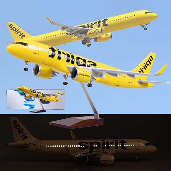 18.5" 1:80-Scale Model Jet Airplane Spirit Airlines A320 with Wheels & Lights, Collectible Diecast Plane Model for Collection or Gift, Unisex, Ages 6+