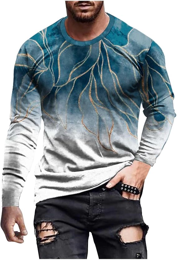 Men's T-Shirts Graphic Tees Casual Fashion Long Sleeve Crewneck Sweatshirt Funny Marble Print Gym Workout Tee Top