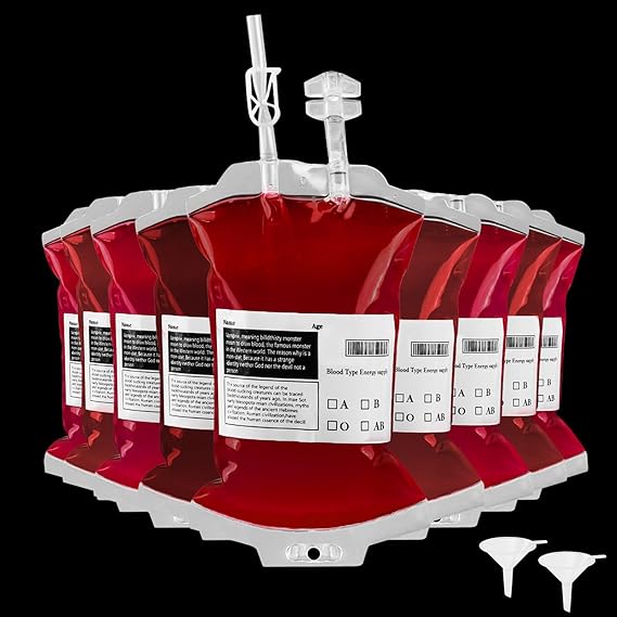 50 Pack Blood Bags for Drinks, Halloween Party | Reusable Vampire IV Drink Pouches for Masquerade, Zombie, Nurse Graduation Themes, Party Decorations