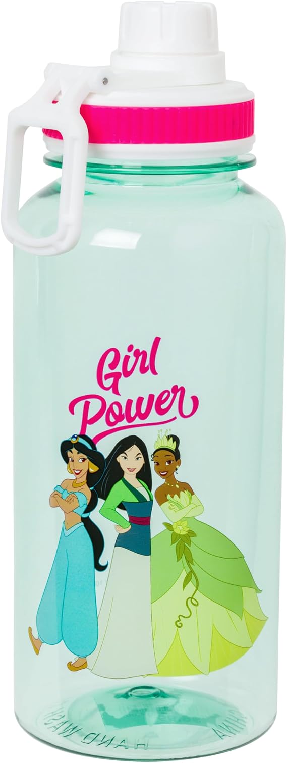 Silver Buffalo Disney Princess Girl Power, Plastic Water Bottle, 32oz | Tiana, Mulan and Jasmine, Twist Spout, Sticker Set, You Stick Yourself, 0.95 Liters