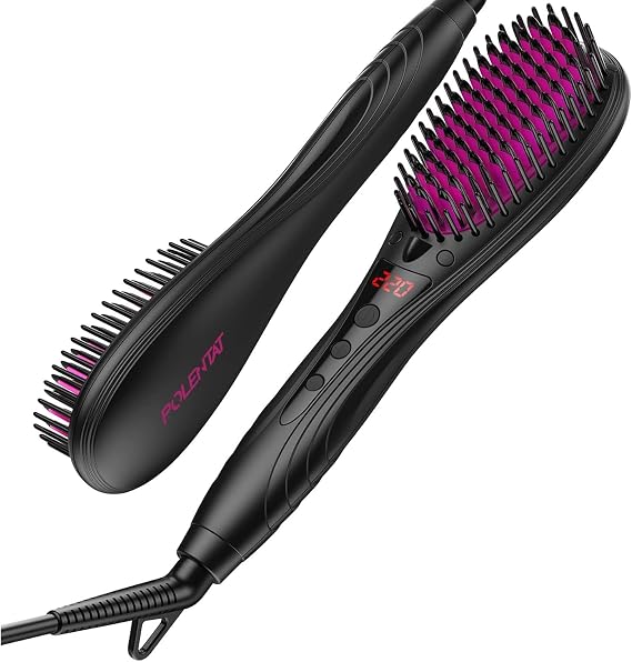 POLENTAT Straight Brush, Brush Type Hair Iron, Heat Brush, Built-in Negative Ions, Salon Grade, Max 488°F 220°C, Digital Temperature Display, 6 Levels of Temperature Adjustment, Temperature Memory, Rapid Heating, Anti-Static, Anti-Scald, Automatic Power Off, Short Styling, International Compatible, Storage Bag Included, Gift