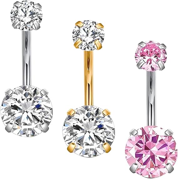 Belly Button Bars, 10mm Stainless Steel Belly Navel Bars, Classic Round 8 mm + 5 mm Zirconia, Belly Button Piercing Jewelry, Hypoallergenic Navel Bar Piercing Jewelry for Women - Gold, Silver, Pink