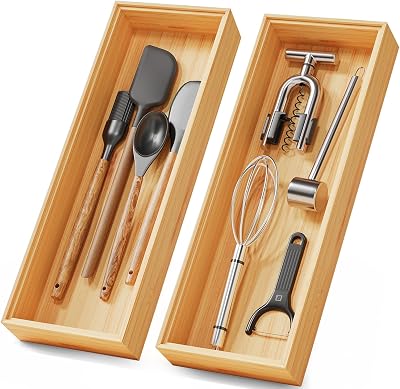 Bamboo Kitchen Drawer Organizer Boxes 14 x 5 Stackable Wood Silverware Utensil Tray for Drawers, Cutlery & Flatware Storage Wooden Organizers Set of 2 for Junk Drawer Bins, Bathroom, RV