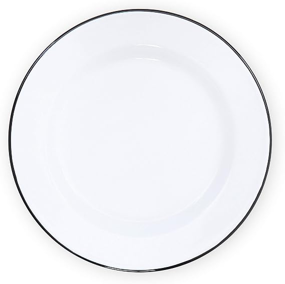 Enamelware Buffet Plate, 12 inch, Vintage White/Black (Single)