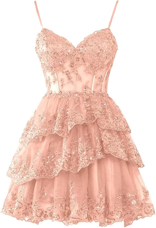Homecoming Dresses for Teens 2025 Sparkly Tulle Lace Applique Tiered A-line Formal Short Mini Prom Dress