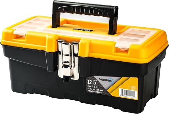 CANOPUS Plastic Toolbox, 12.5-inch Portable Tool Box with Metallic Clutch, Tool Organizer with Extra Storage Tray for Home Tools, Nails and Pins, Black-Yellow