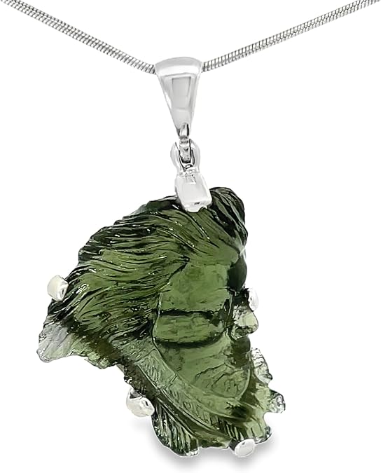 Carved Goddess Moldavite Pendant Necklace (22") Green