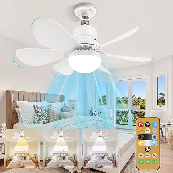 BomKra Ceiling Fans with Lights and Remote Control,30w Ceiling Fan Light Dimmable,Quiet Ceiling Fan 6 Blades for Bedroom,Living Room Kitchen 3 Color Temperature,3 Speeds,Timing (white1) [Energy Class A+++]