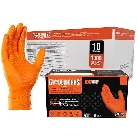 GLOVEWORKS Orange Nitrile Work Gloves, 8 Mil Disposable Heavy Duty, Raised Diamond Grip Mechanic Glove, Small, Case of 1000