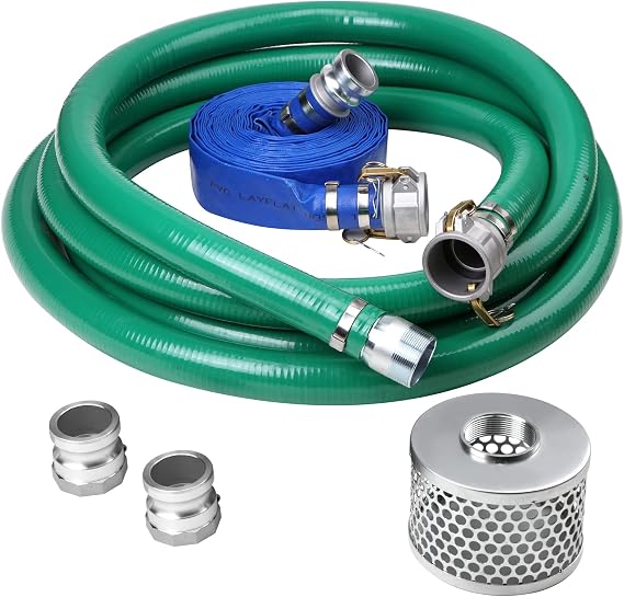 Discharge Hose Pump Kit Includes 2" x 50' Blue PVCBackwash Hose & 2"20' Green PVC Suction Hose,With aluminum cam lock fitting, round hole suction cup filter and groove adapter