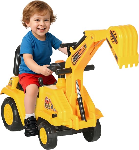 HOMCOM Ride On Excavator Pull Cart Kids Digger with Horn Ages 18-48 Months | Ride on Truck, Under Seat Storage, Sit and Scoot, Pretend Play Toy Construction Car