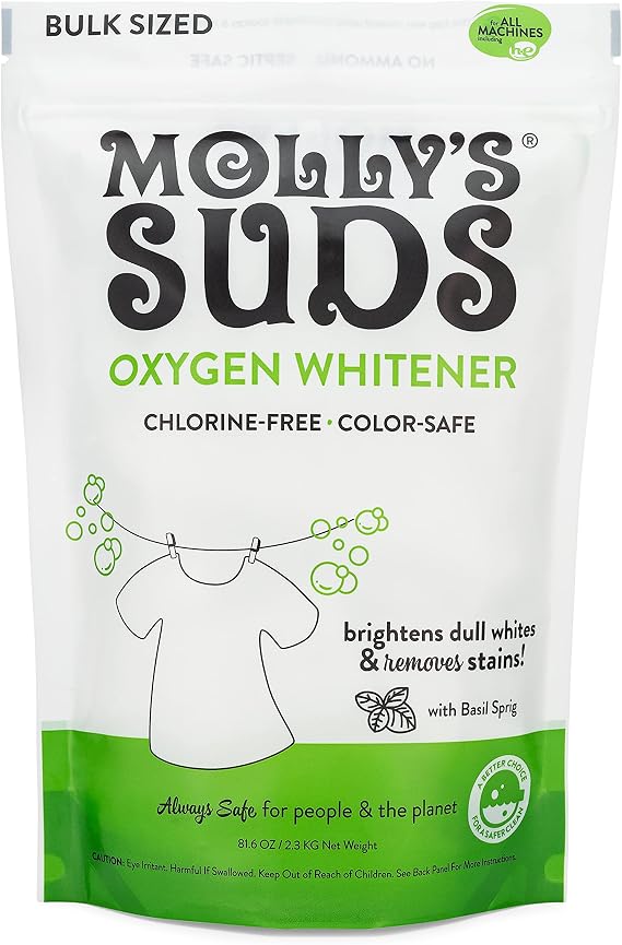 Molly's Suds Oxygen Whitener | Powerful Bleach Alternative, Chlorine Free & Color Safe | Brightens Whites and Removes Stains (Basil Sprig Scent - 79 oz)