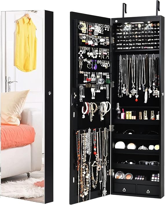 Byroce 47.5''H Jewelry Armoire, Over the Door/Wall Mounted, Full Length Mirror with Jewelry Storage, 2-LED Lockable Jewelry Cabinet with 2 Drawers, Hanging Jewelry Organizer for Bedroom (Black)