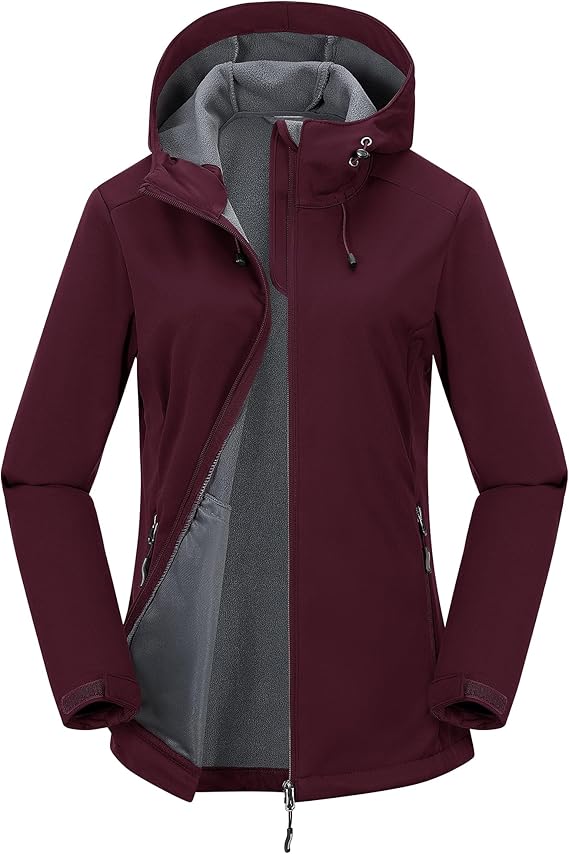 Outdoor Ventures Women's Softshell Jacket Waterproof Fleece Lined Warm Coat | Lightweight, Breathable, Insulated, Windproof, Windbreaker, with Hood, 4 Pockets, Spring, Fall, for Hiking, Travel, Outdoor