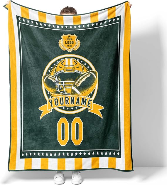 Custom Blanket Football Team Throws with Name Number Personalized Football Blanket for Men Women Boy Gifts (Green Bay)