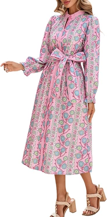 Women Floral Midi Dress Long Sleeve Button Down Shirt Dress with Belt