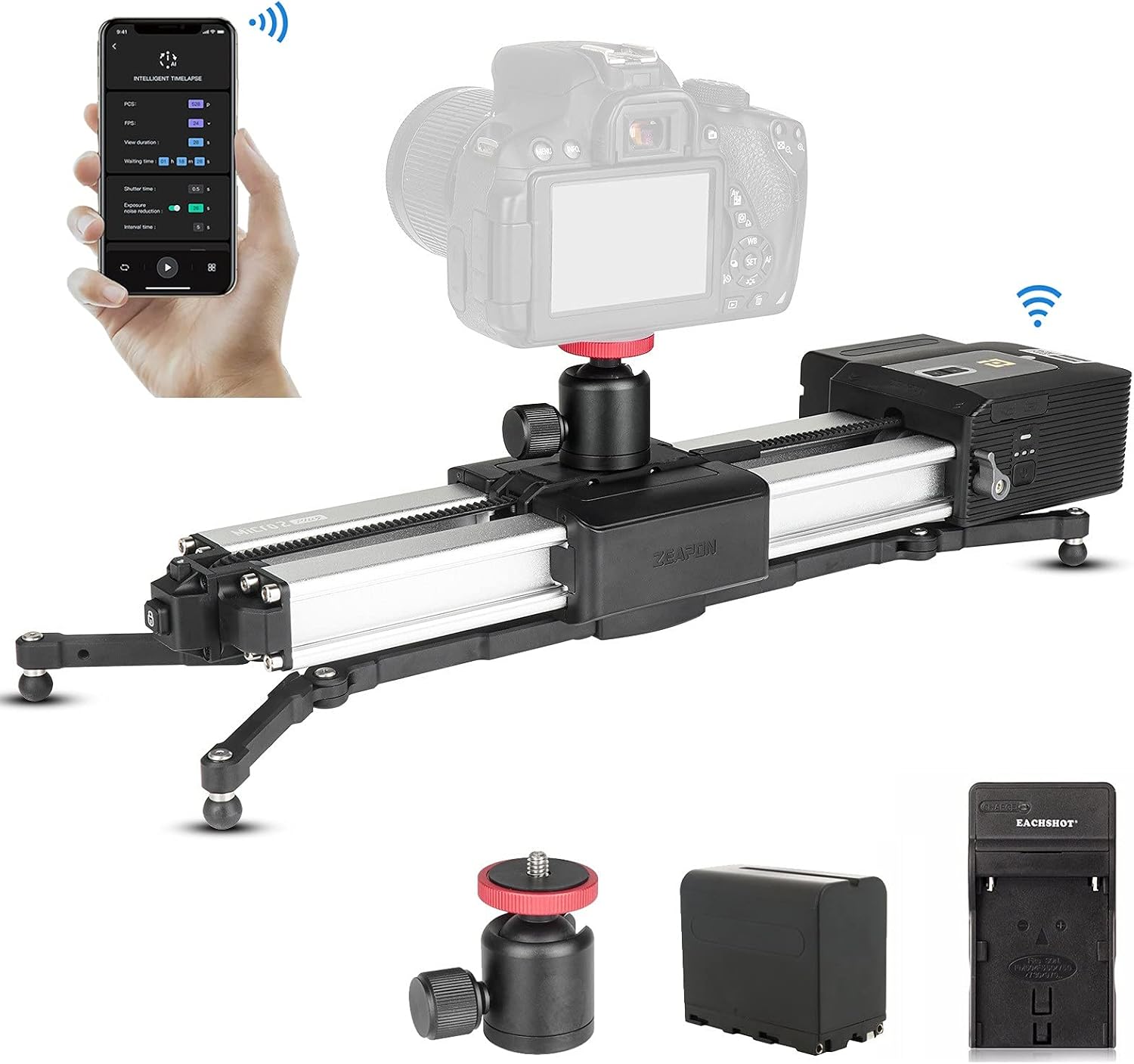 ZEAPON Motorized Micro 2 Plus Double Distance Camera Slider wBattery & Mini Ball Head, Dolly Track Video Stabilizer Rail for Camera DSLR Video Movie Photography Camcorder, Load Capacity 4.5kg