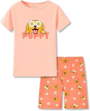 Topgal Girls Cotton Knit Pajamas Toddler Summer Top & Shorts Sung Fit Cartoon Print Sleepwear Clothes Set Size 4-14