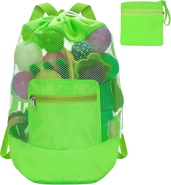 INVODA Mesh Beach Bag Drawstring Beach Backpack Foldable Toy Organizer Bag Shell Adjustable Straps Large Capacity Swim Bag
