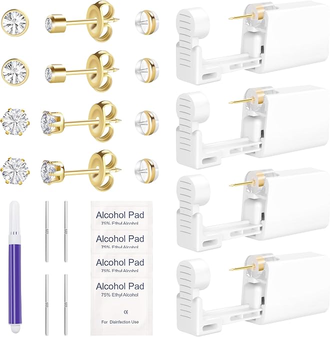 4pcs Ear Piercing Kit, Disposable Piercing Kit, Easy And Safe Ear Piercing Gun Kit, 316 Stainless Steel Ear Piercing Gun, Hypoallergenic Piercing Gun Kit, Self Piering Kit, Piercing Gun
