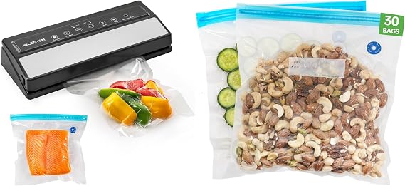 GERYON Vacuum Sealer Machine With Bags 30 Pack (10"x11") Automatic Food Sealer with LED Touch Panel & Reusable BPA-Free Zipper Bags for Sous Vide, Freezer Storage, Dry & Moist Food