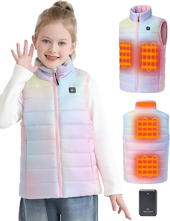 Kids Heated Vest with 7.4V 12000mah Battery Pack Included, Youth Heated Vest Kids with 5 Heating Zones for Girls