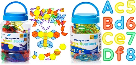 140 Pcs Translucent Pattern Blocks,Geometric Shapes - 66 Pcs Translucent Letters and Numbers Light Table Toys