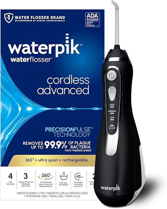 Waterpik Cordless Advanced Portable Water Flosser, Rechargeable, Black | 3 Settings, 4 Tips, Travel Bag, for Gums, Teeth, Dental Braces, Implants, Shower Use ADA Accepted WP-582 Packaging May Vary