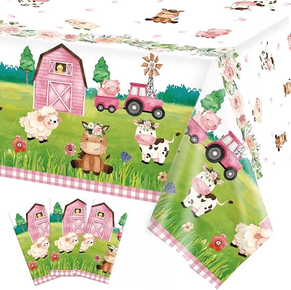 Oigco 3Pcs Farm Animal Birthday Party Tablecloth Disposable Farm House Barnyard Theme Party Supplies Covers for Birthday Decorations, 54 x 108 Inches