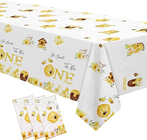 APOWBLS Bee 1st Birthday Party Decorations Tablecloth, 3 Pack, 54in x 108in