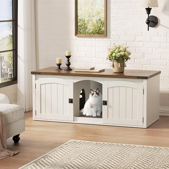Halitaa Double Cat Litter Box Enclosure, Hidden Litter Box Furniture for 2 Cats, Farmhouse Cat House with Scratch Pad for 2 Litter Boxes, Wooden Enclosed Litter Box Furniture, Entryway Bench, White
