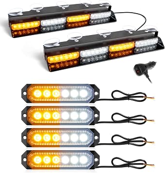 HLauto Bundle-2 Items: 6Z4J Emergency Dash Strobe Lights, 2x16.8 inch 48LED Safety Lights (Amber White)+ 4 Pcs 6 LED Strobe Grille Light, 12V-24V Surface Mount Warning Light (Amber White)